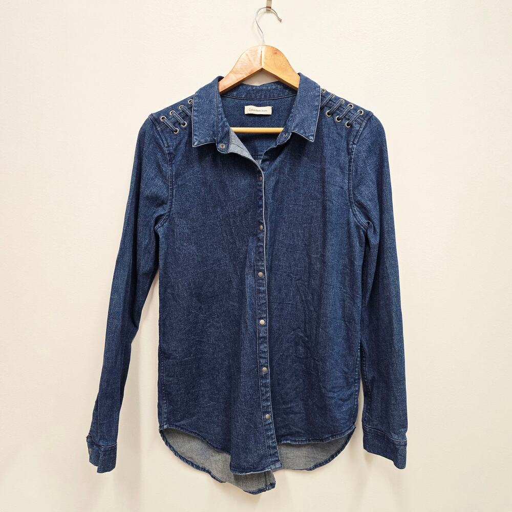 Calvin Klein Jeans Denim Shirt Jacket Medium Wash Lace Up Shacket  M